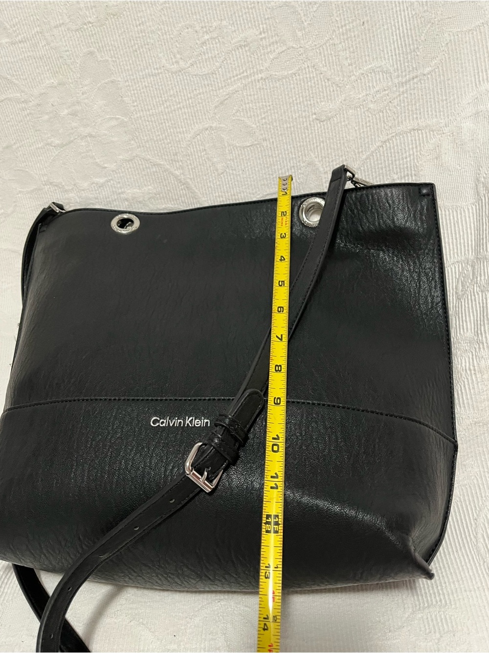 Calvin Klein Black Leather Shoulder Bag with Grommet Detail